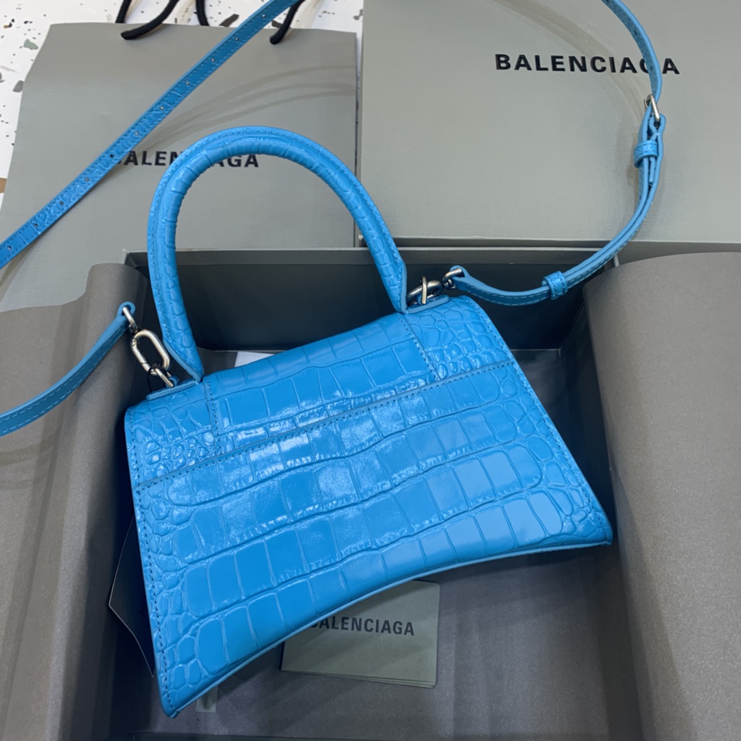 Balenciaga Hourglass Small Handbag Crocodile Embossed Shoulder Bag Light Blue